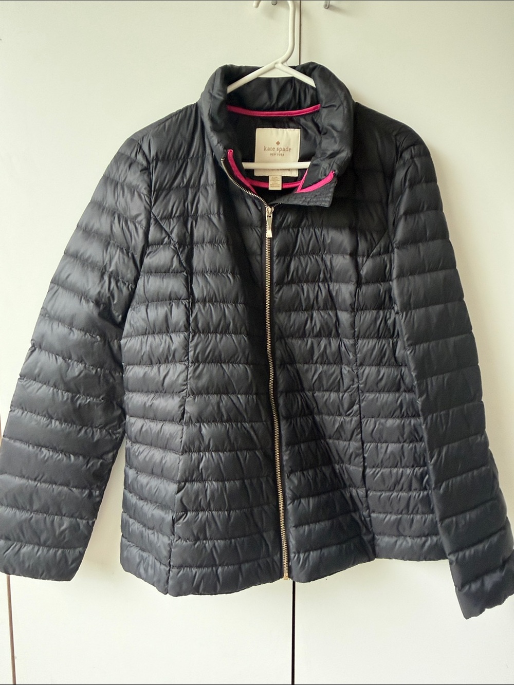 kate spade Black Quilted Packable Puffer Jacket with Pink Trim